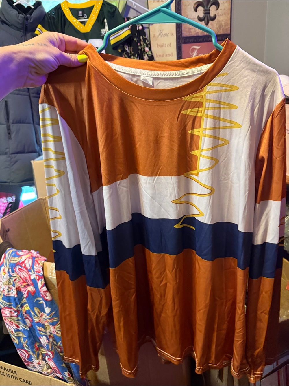 Abstract Striped Long Sleeve Top - Rust, Navy, Cream with Yellow Accents